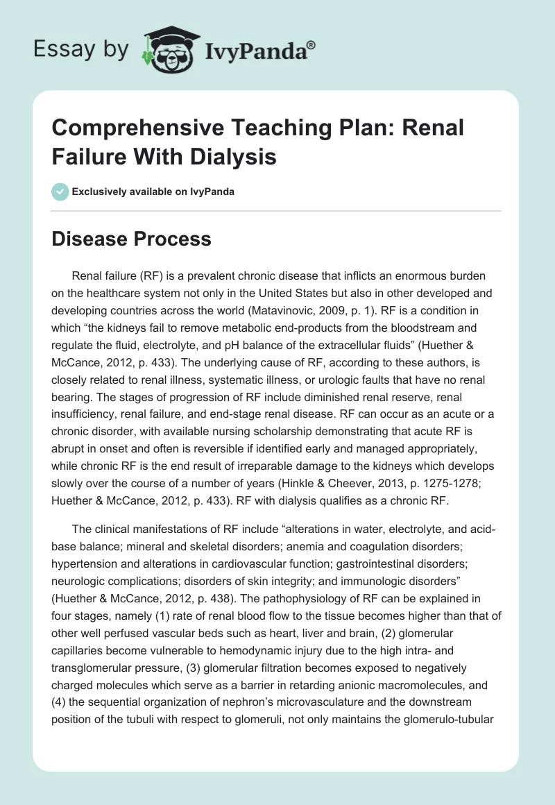 Comprehensive Teaching Plan: Renal Failure With Dialysis. Page 1