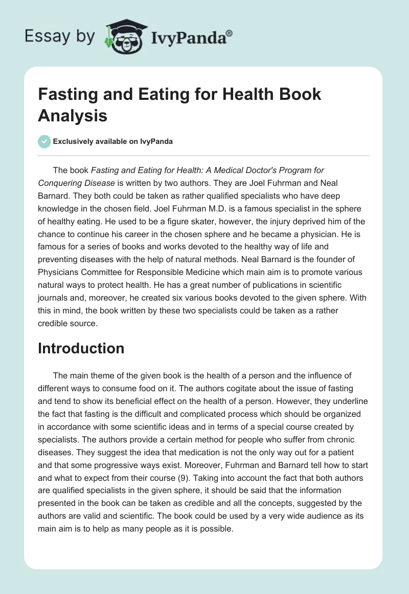 "Fasting and Eating for Health" Book Analysis. Page 1