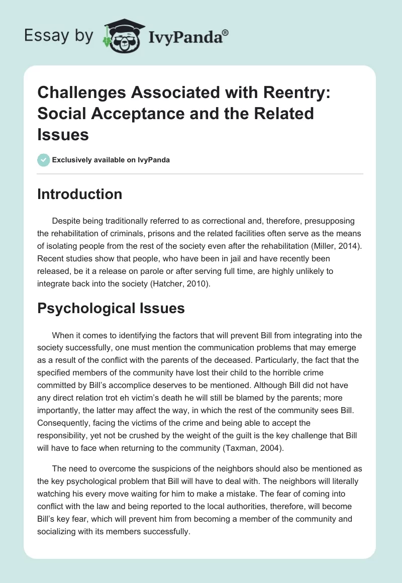 Challenges Associated with Reentry: Social Acceptance and the Related Issues. Page 1