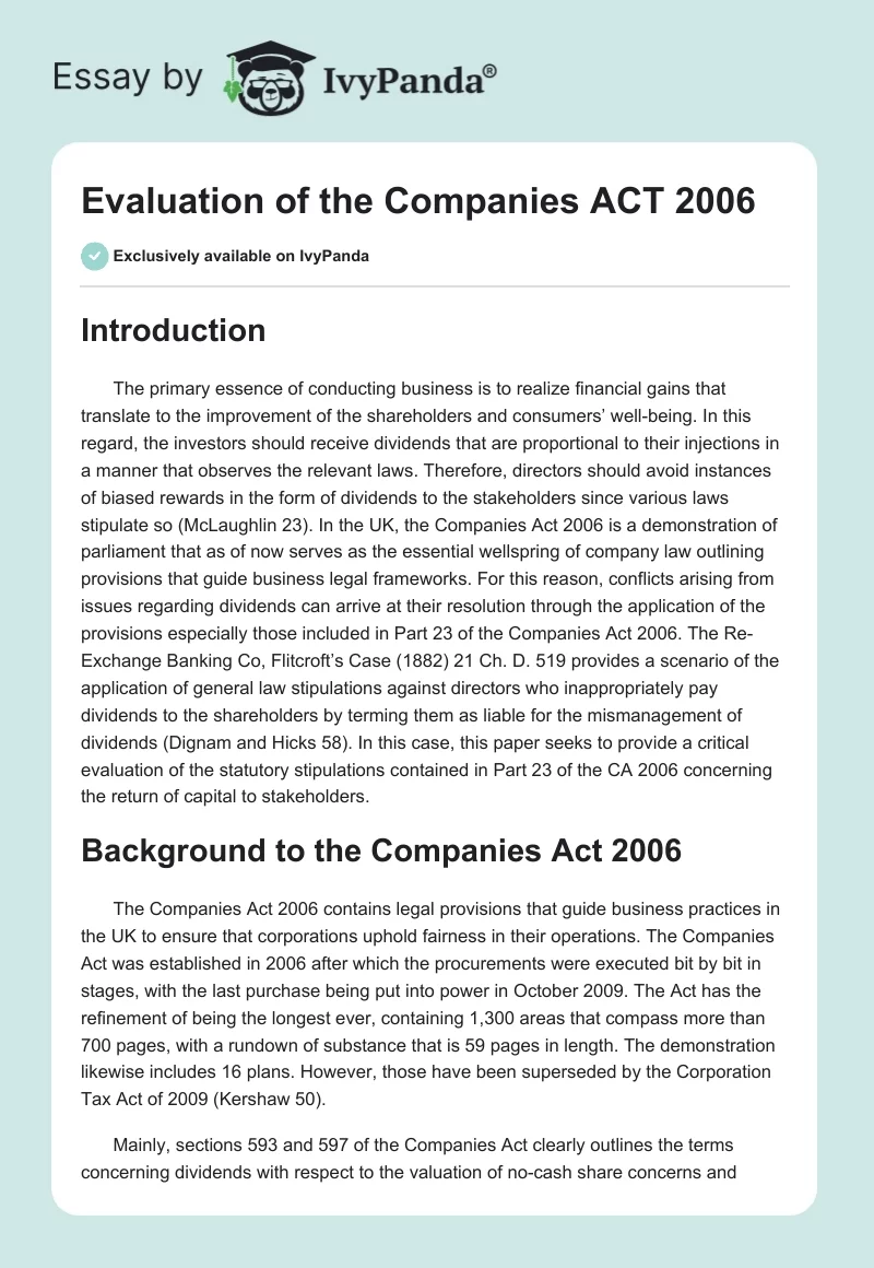 Evaluation of the Companies ACT 2006. Page 1