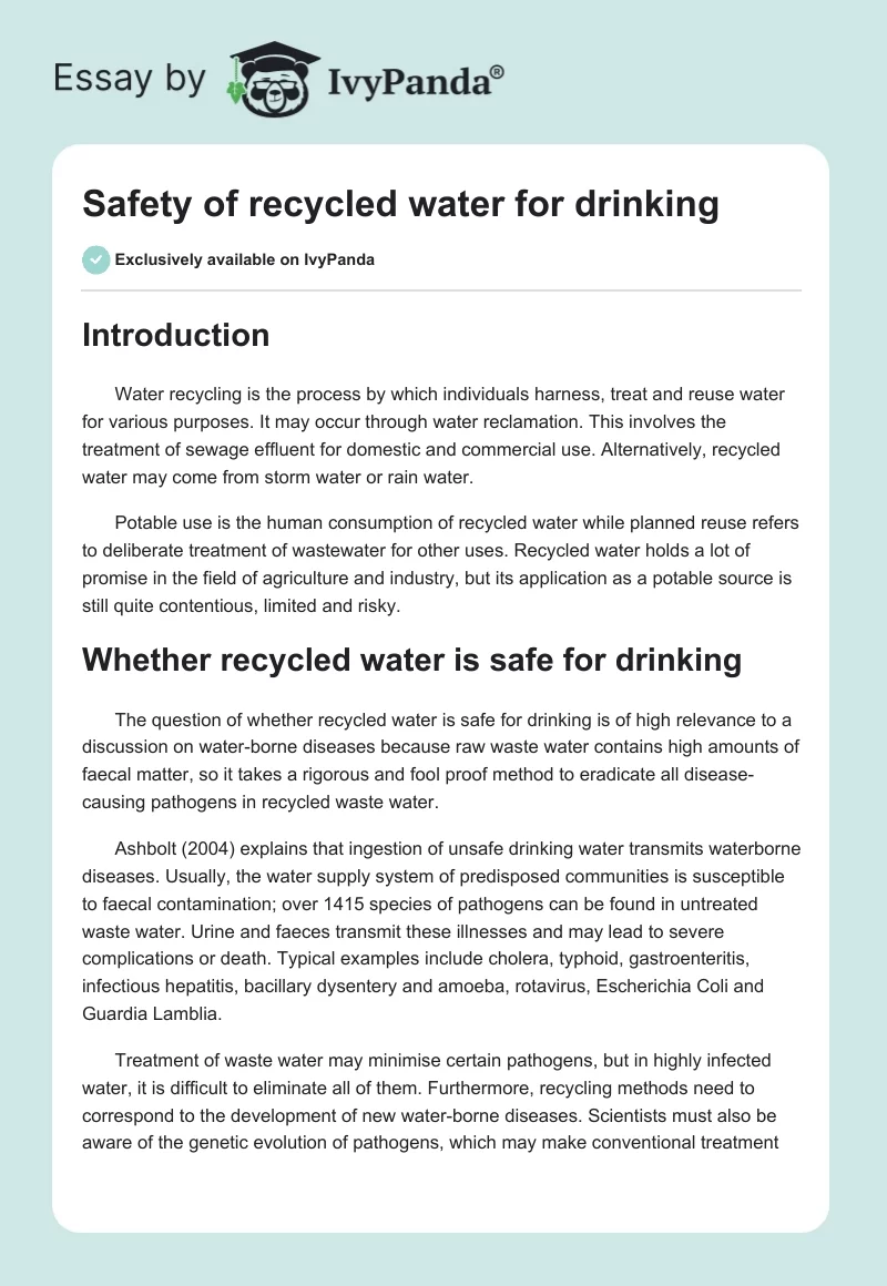 Safety of Recycled Water for Drinking. Page 1
