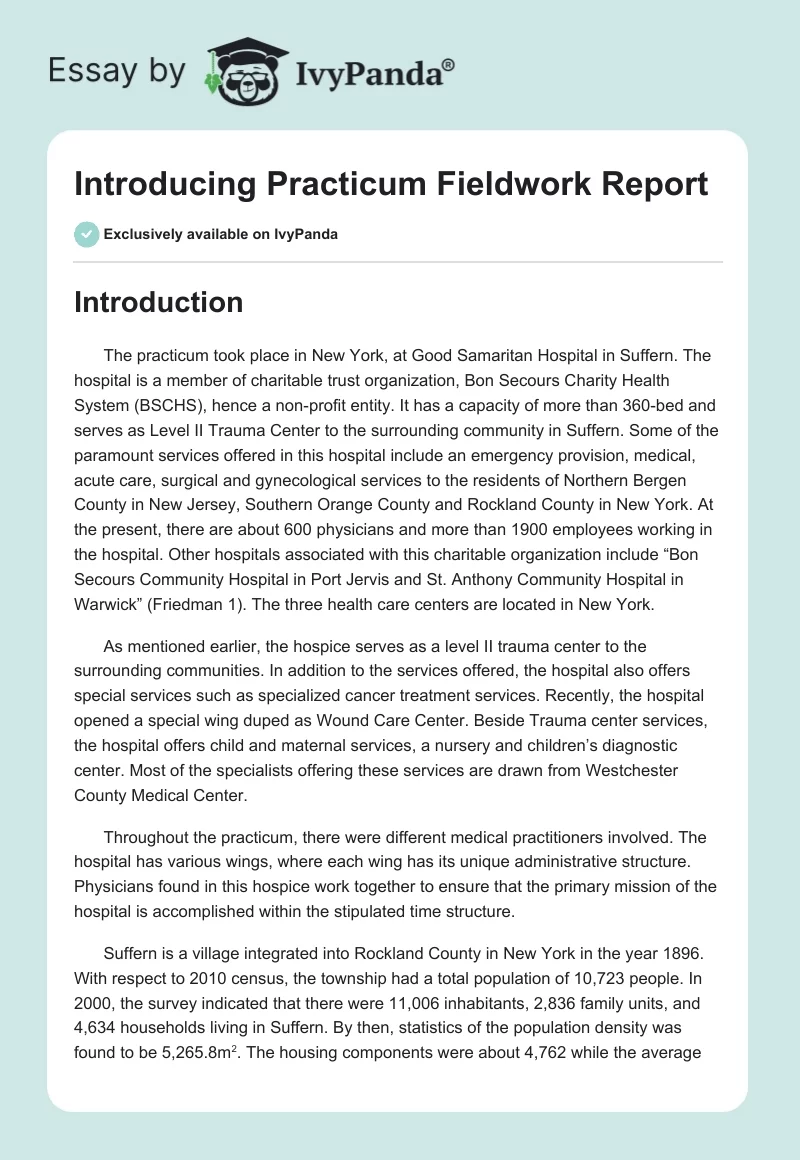 Introducing Practicum Fieldwork Report. Page 1