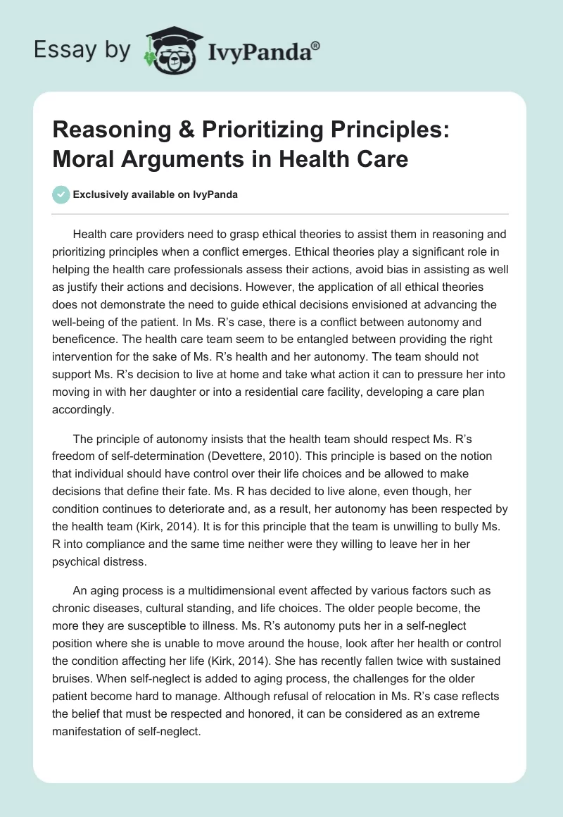 Reasoning & Prioritizing Principles: Moral Arguments in Health Care. Page 1