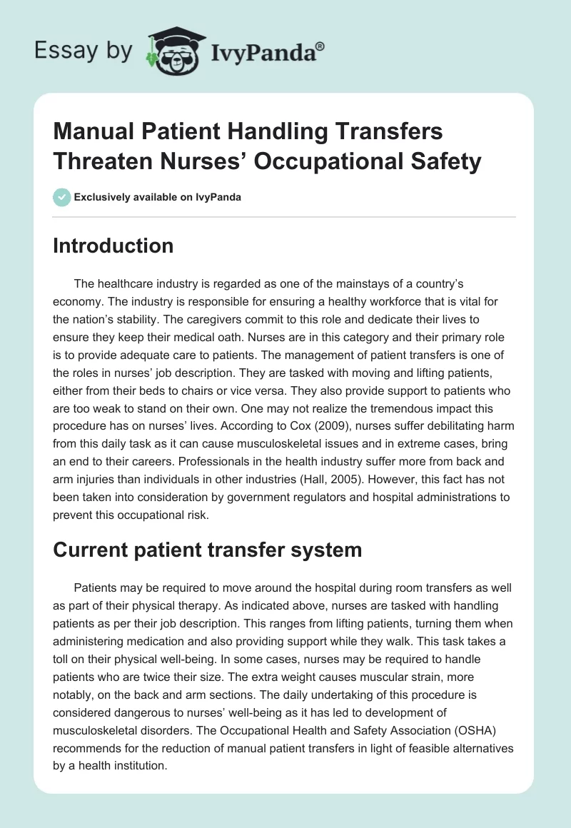 Manual Patient Handling Transfers Threaten Nurses’ Occupational Safety. Page 1