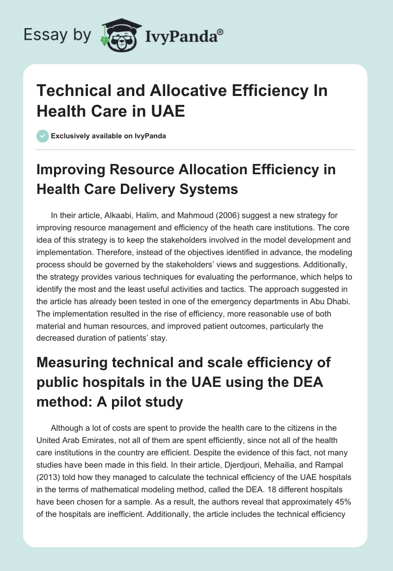 Technical and Allocative Efficiency In Health Care in UAE. Page 1