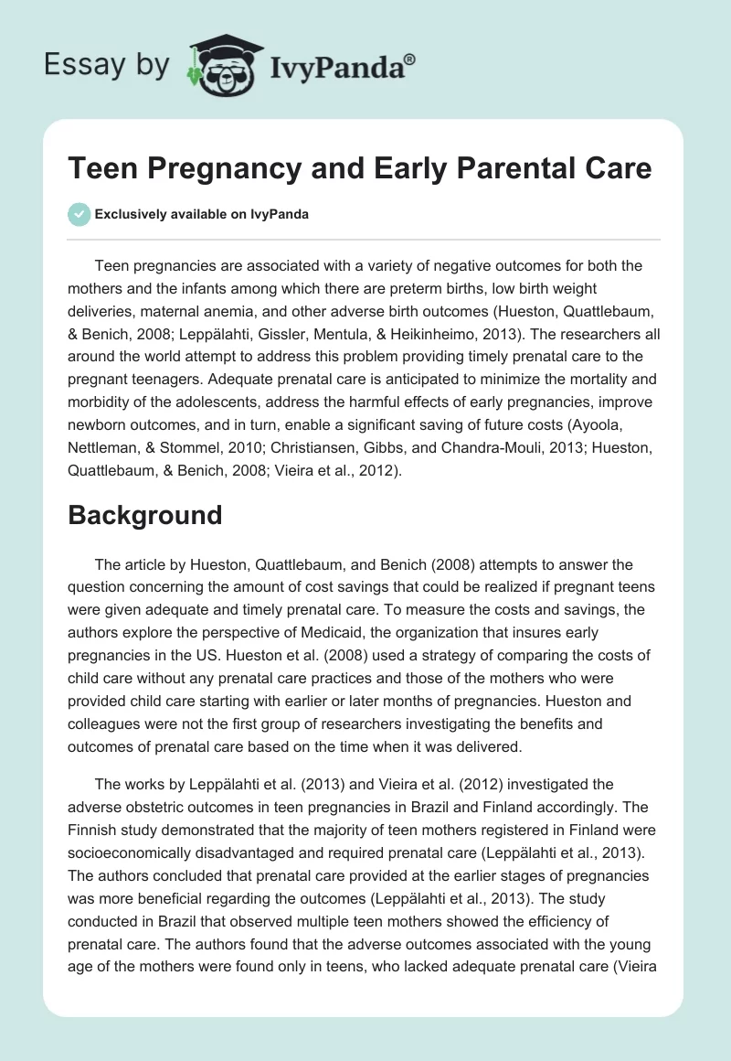Teen Pregnancy and Early Parental Care. Page 1