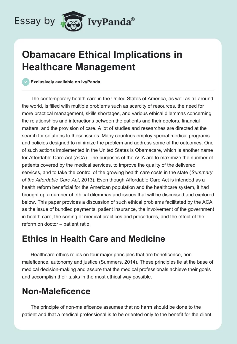 Obamacare Ethical Implications in Healthcare Management. Page 1