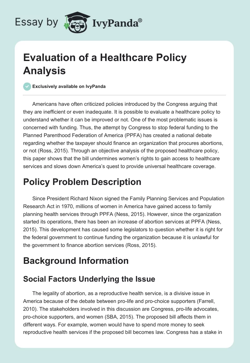 Evaluation of a Healthcare Policy Analysis. Page 1