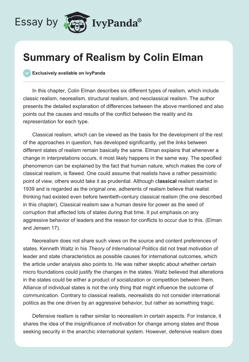 Summary of "Realism" by Colin Elman. Page 1