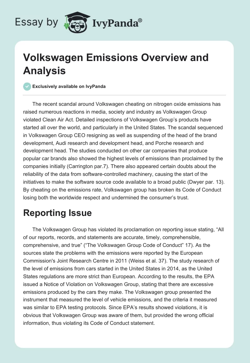 Volkswagen Emissions Overview and Analysis. Page 1