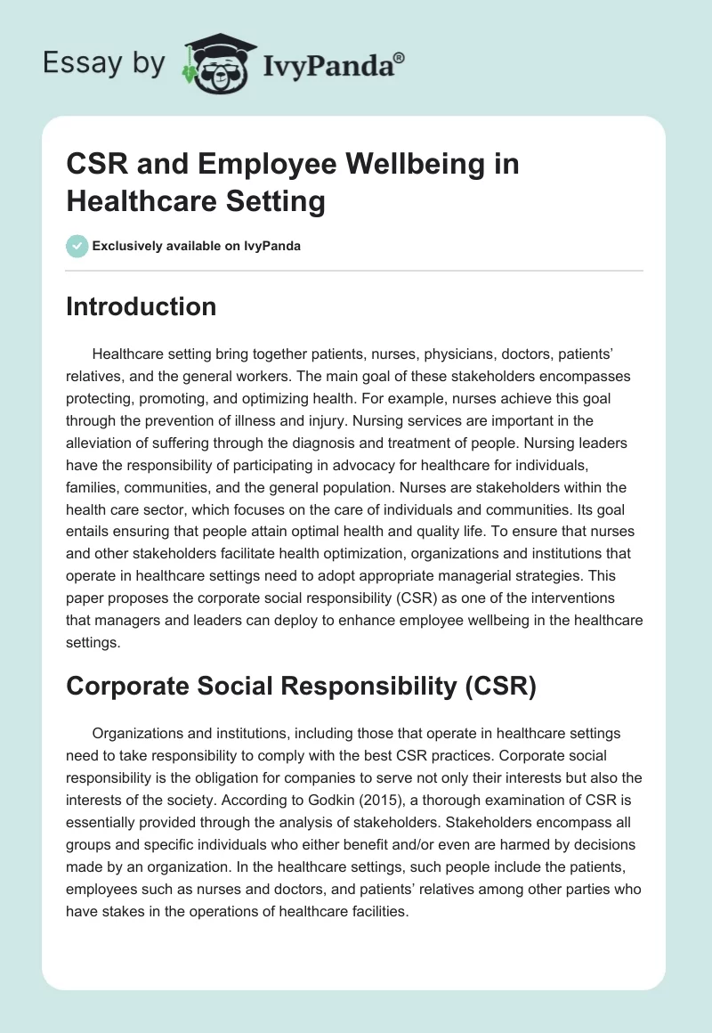 CSR and Employee Wellbeing in Healthcare Setting. Page 1