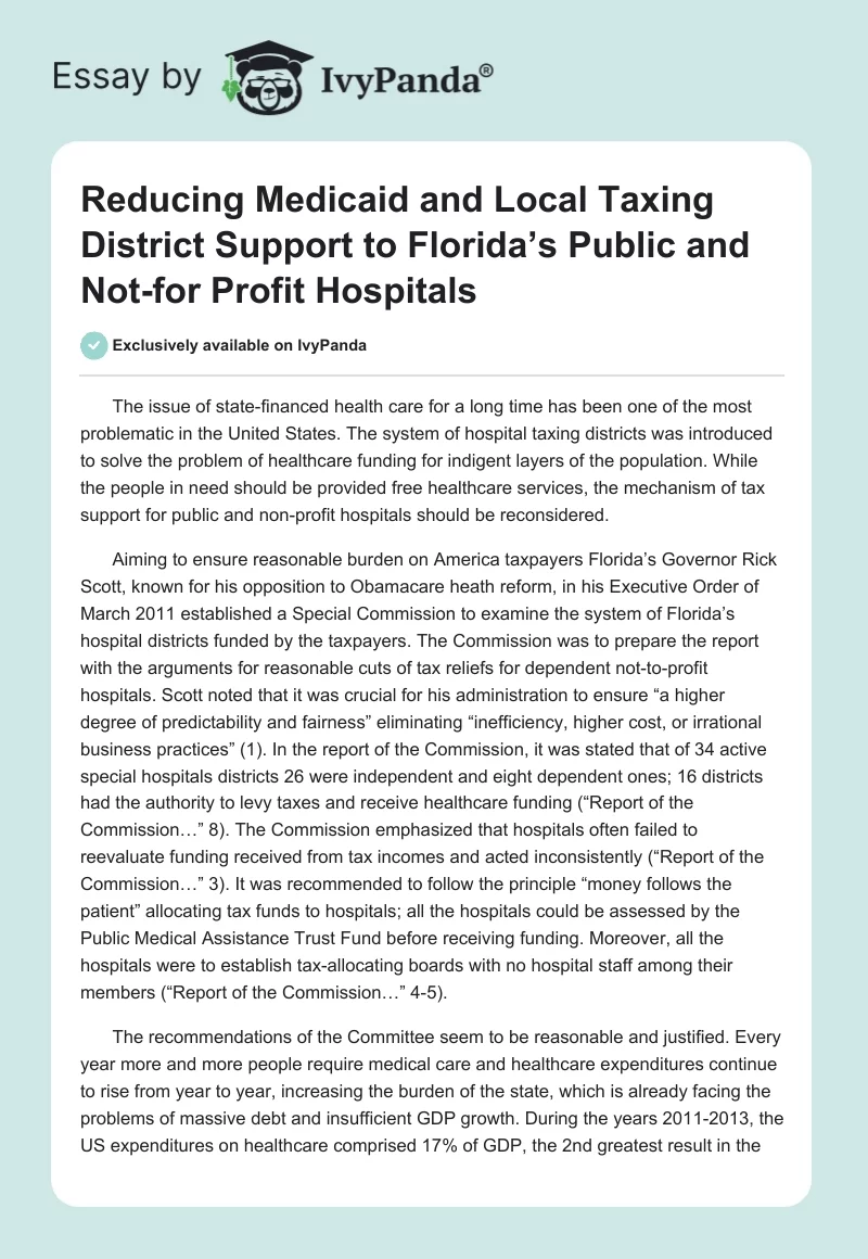 Reducing Medicaid and Local Taxing District Support to Florida’s Public and Not-for Profit Hospitals. Page 1