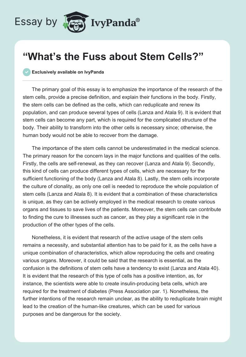 “What’s the Fuss about Stem Cells?”. Page 1