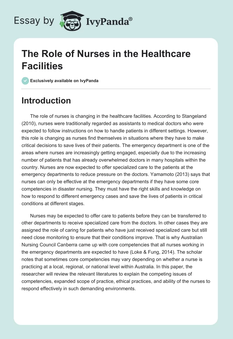 The Role of Nurses in the Healthcare Facilities. Page 1