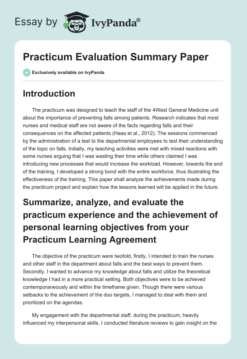 Practicum Evaluation Summary Paper. Page 1