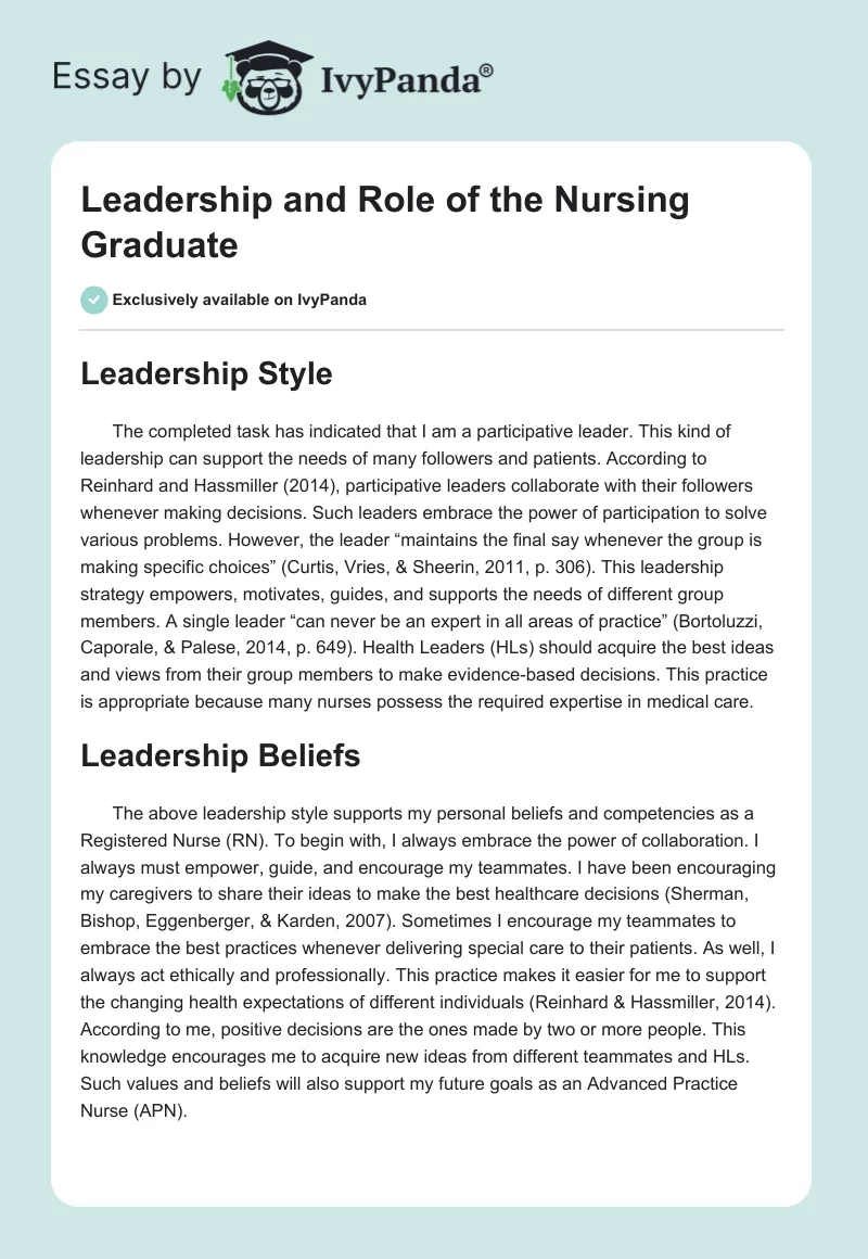 Leadership and Role of the Nursing Graduate. Page 1