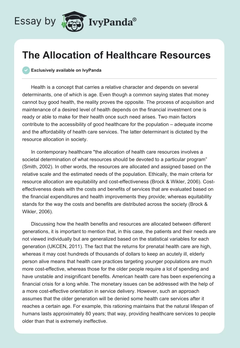 The Allocation of Healthcare Resources. Page 1