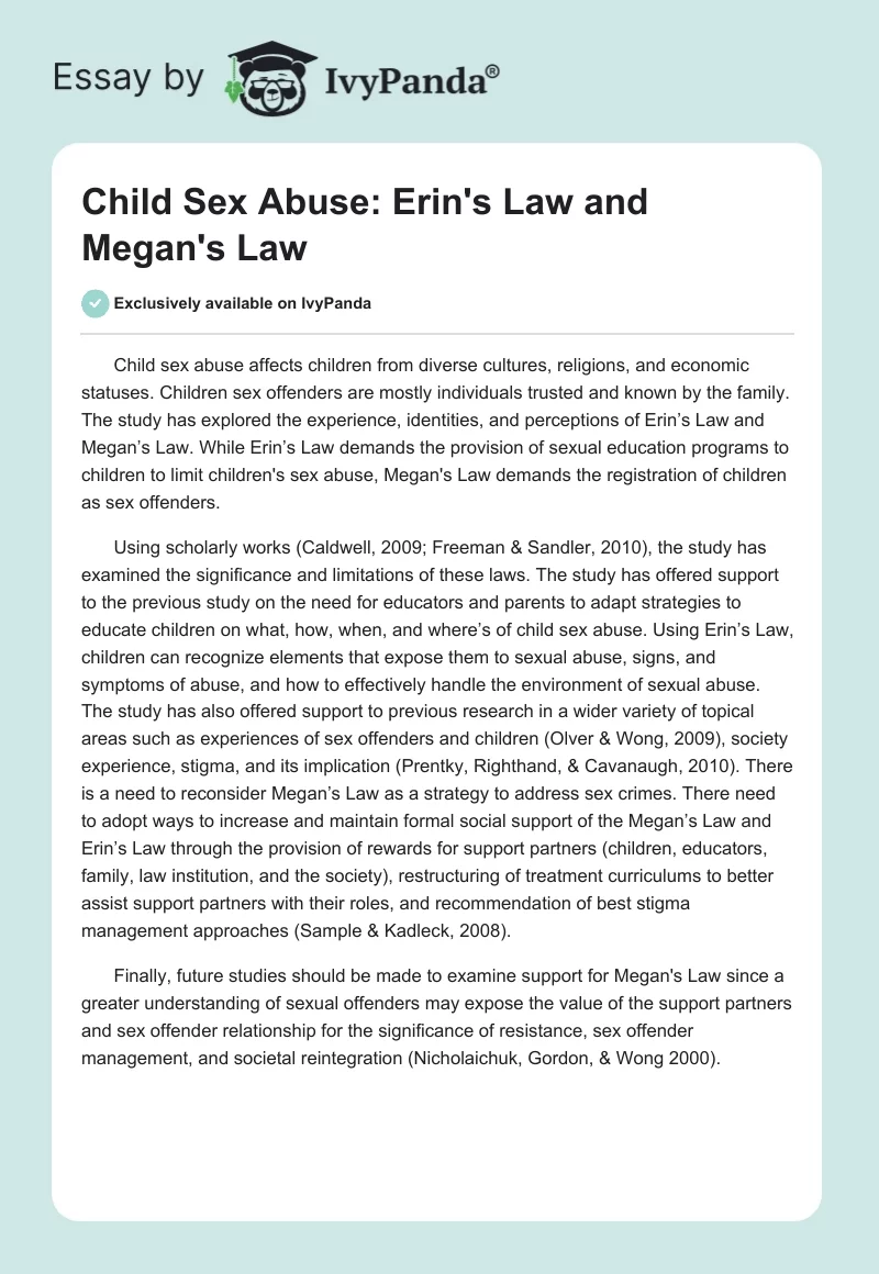 Child Sex Abuse: Erin's Law and Megan's Law. Page 1
