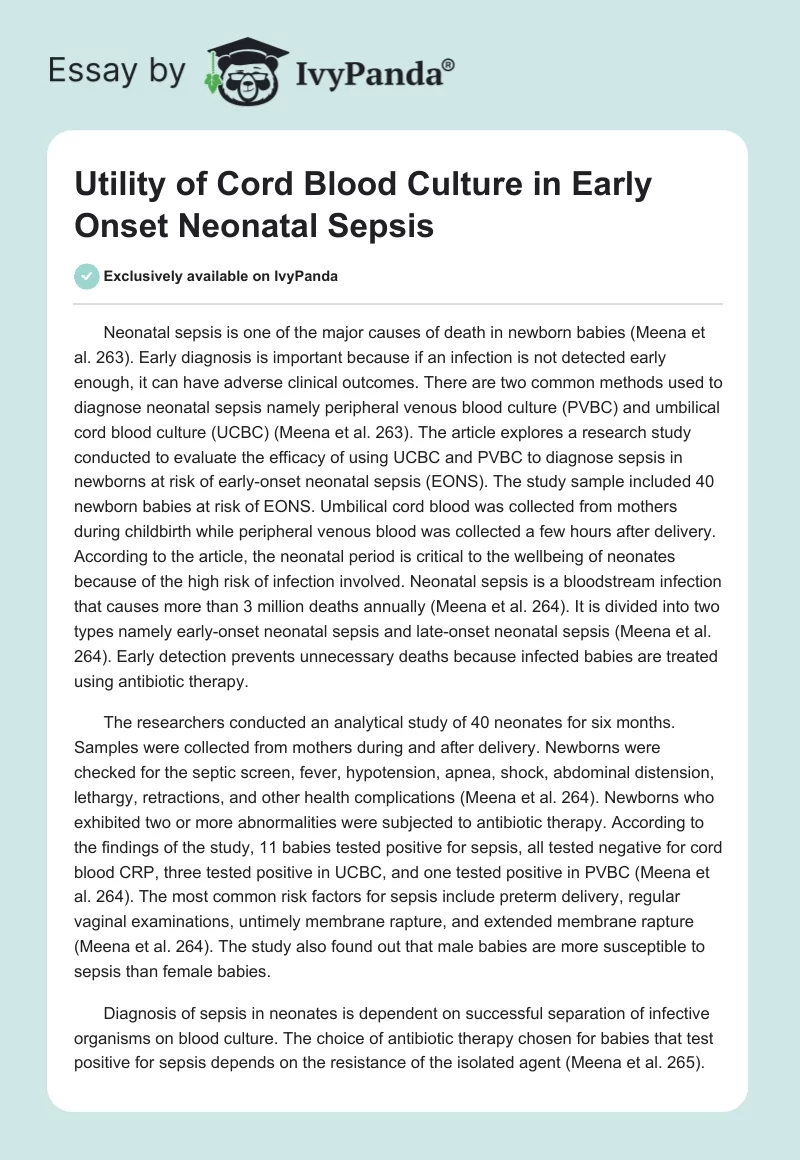 Utility of Cord Blood Culture in Early Onset Neonatal Sepsis. Page 1