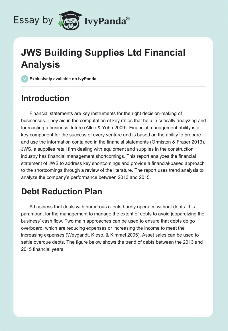 JWS Building Supplies Ltd Financial Analysis. Page 1
