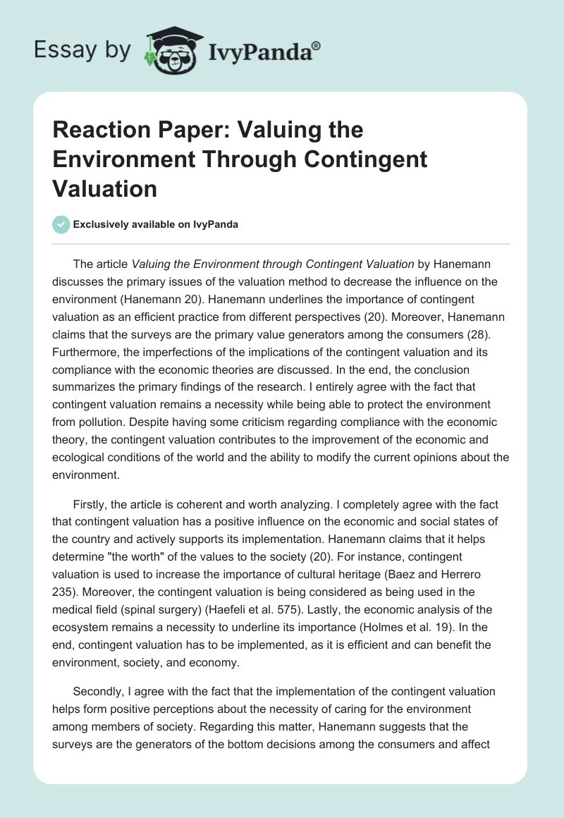 Reaction Paper: Valuing the Environment Through Contingent Valuation. Page 1