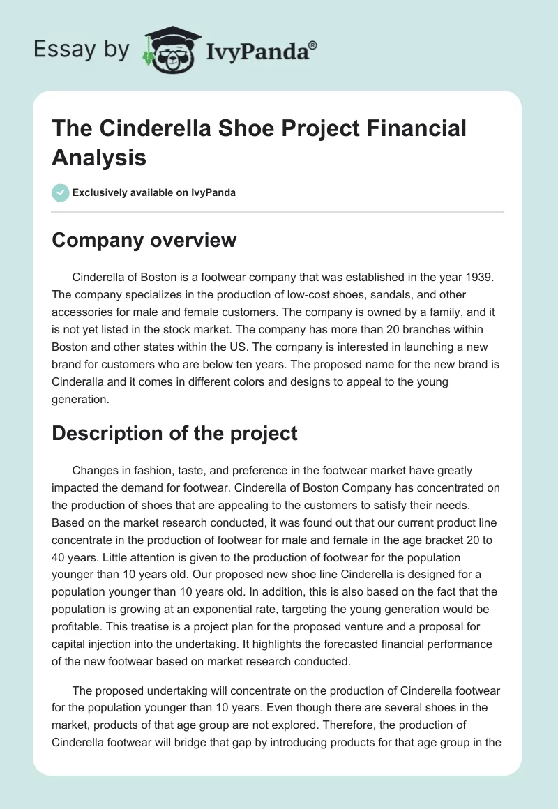 The Cinderella Shoe Project Financial Analysis. Page 1