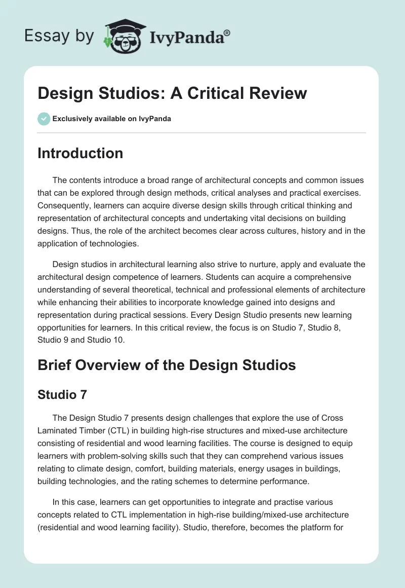 Design Studios: A Critical Review. Page 1