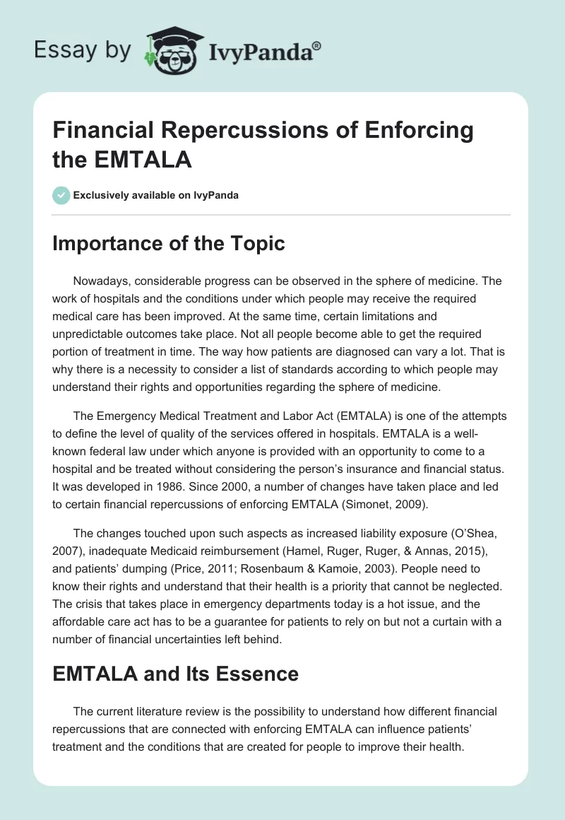 Financial Repercussions of Enforcing the EMTALA. Page 1