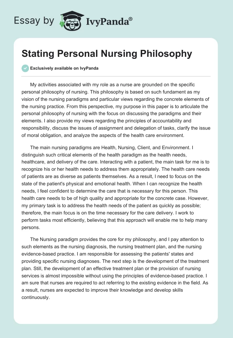 Stating Personal Nursing Philosophy. Page 1