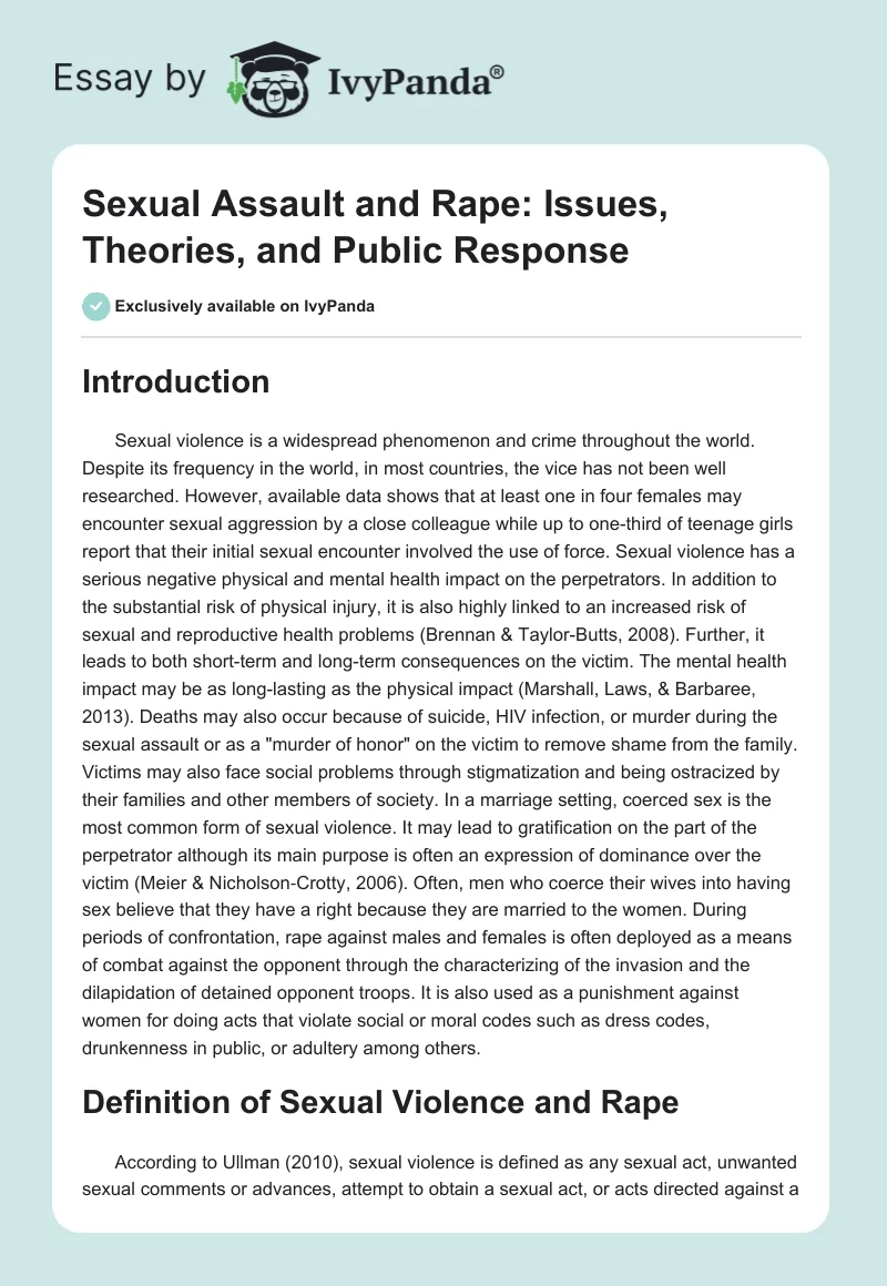 Sexual Assault and Rape: Issues, Theories, and Public Response. Page 1