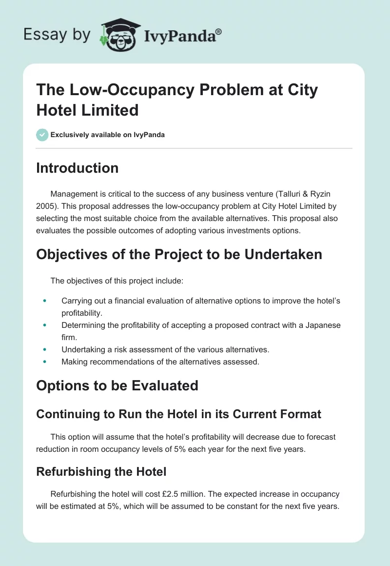The Low-Occupancy Problem at City Hotel Limited. Page 1