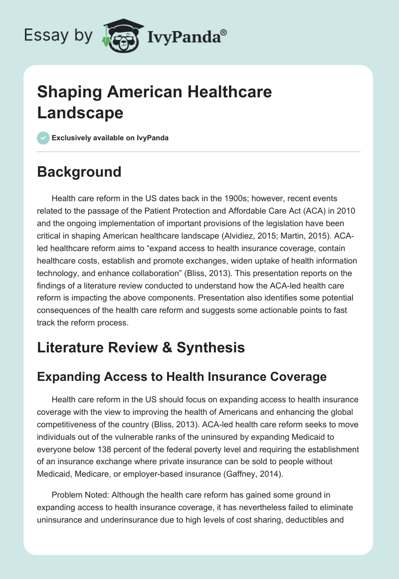 Shaping American Healthcare Landscape. Page 1