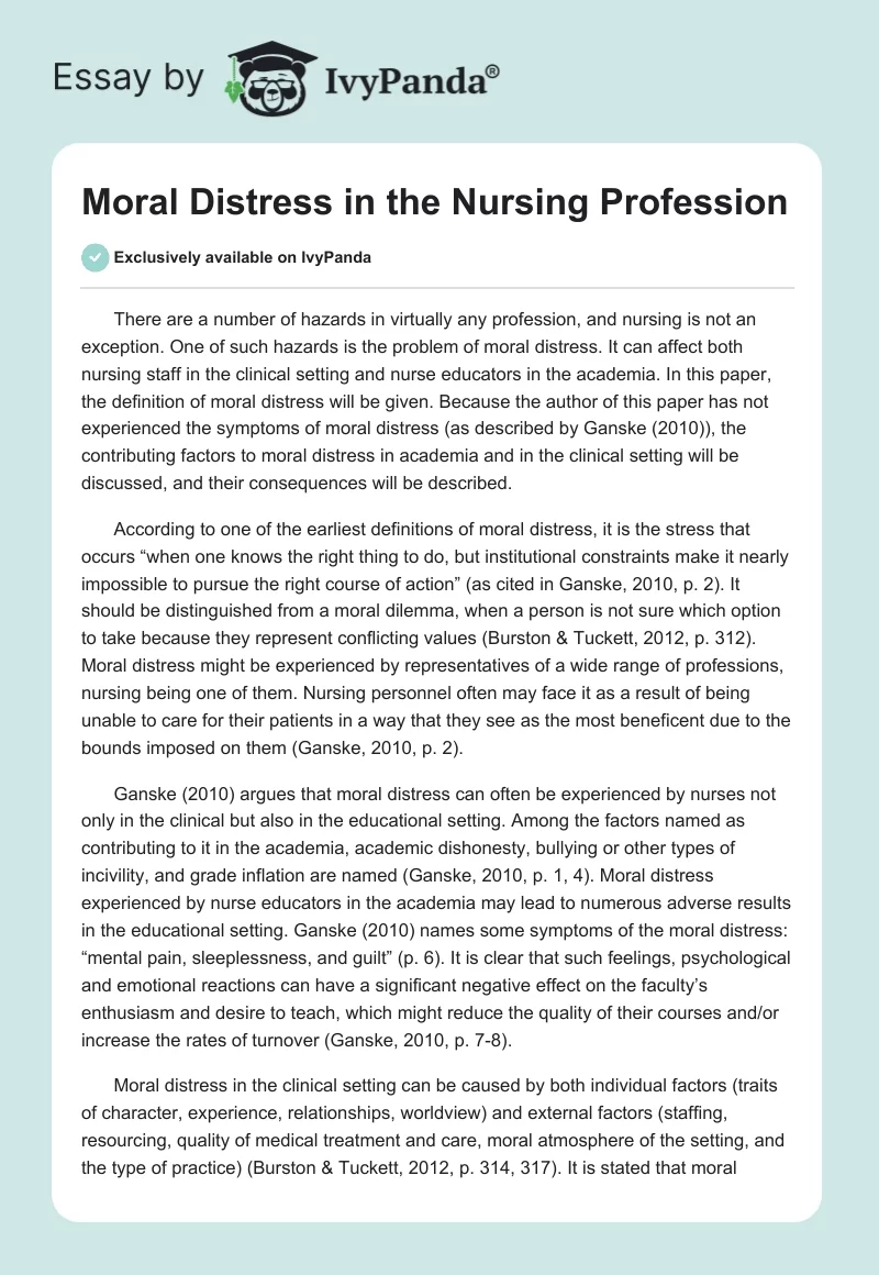 Moral Distress in the Nursing Profession. Page 1
