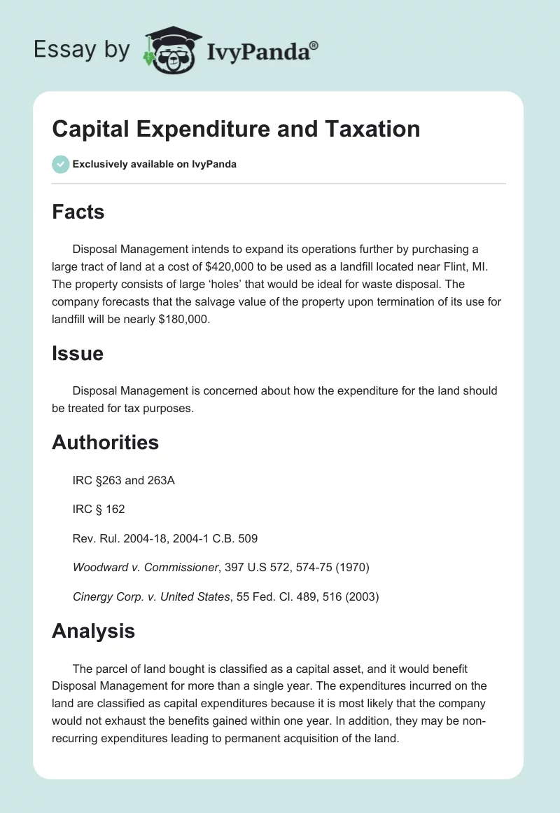 Capital Expenditure and Taxation. Page 1