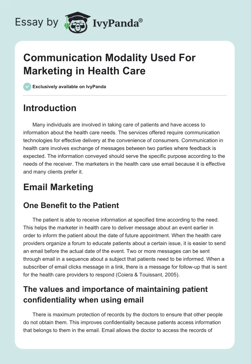 Communication Modality Used For Marketing in Health Care. Page 1