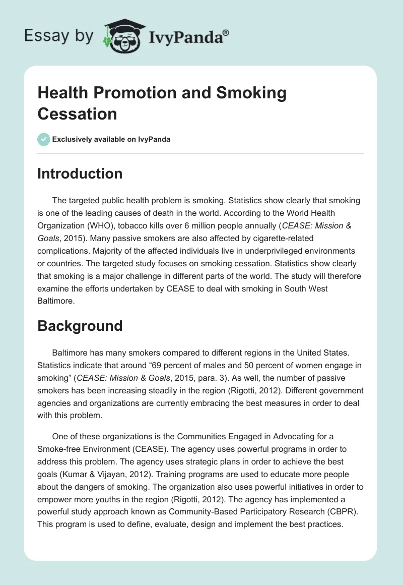 Health Promotion and Smoking Cessation. Page 1