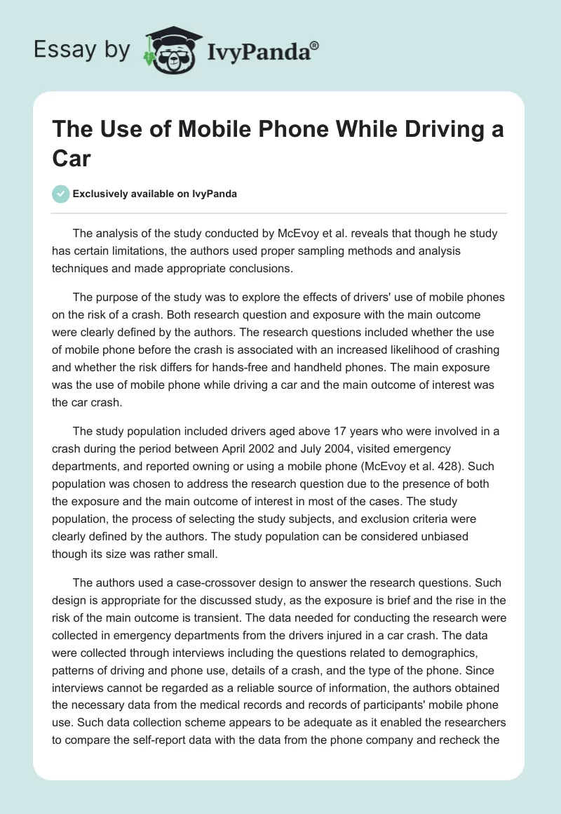 The Use of Mobile Phone While Driving a Car. Page 1