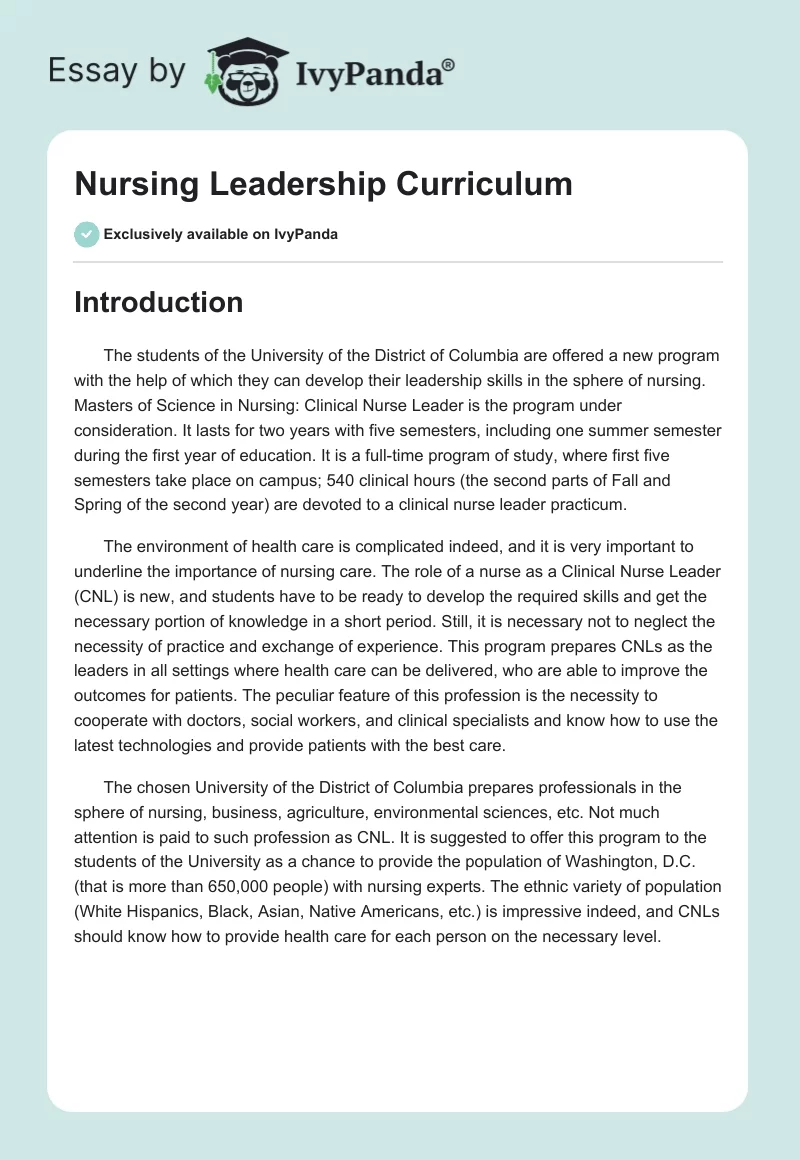 Nursing Leadership Curriculum. Page 1