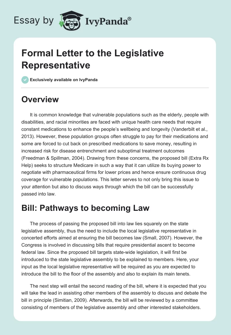 Formal Letter to the Legislative Representative. Page 1