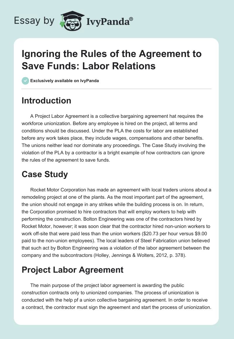 Ignoring the Rules of the Agreement to Save Funds: Labor Relations. Page 1