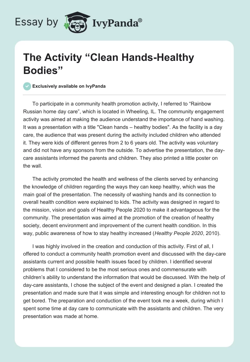 The Activity “Clean Hands-Healthy Bodies”. Page 1