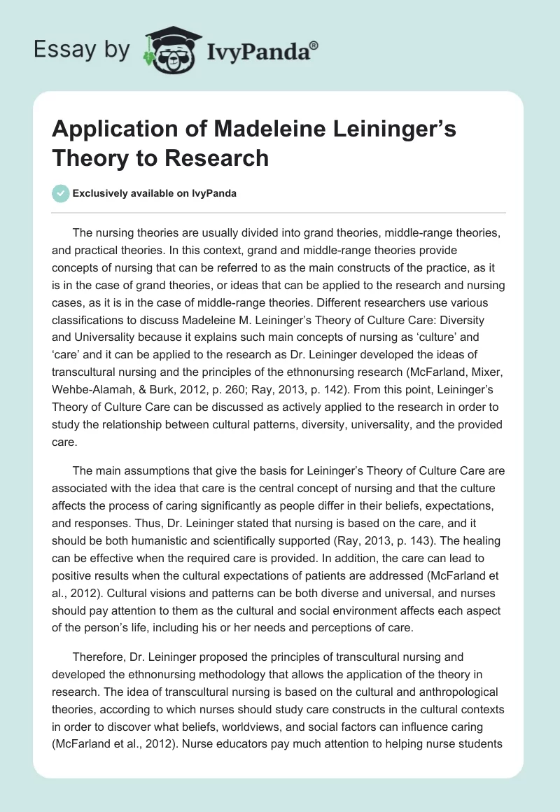 Application of Madeleine Leininger’s Theory to Research. Page 1