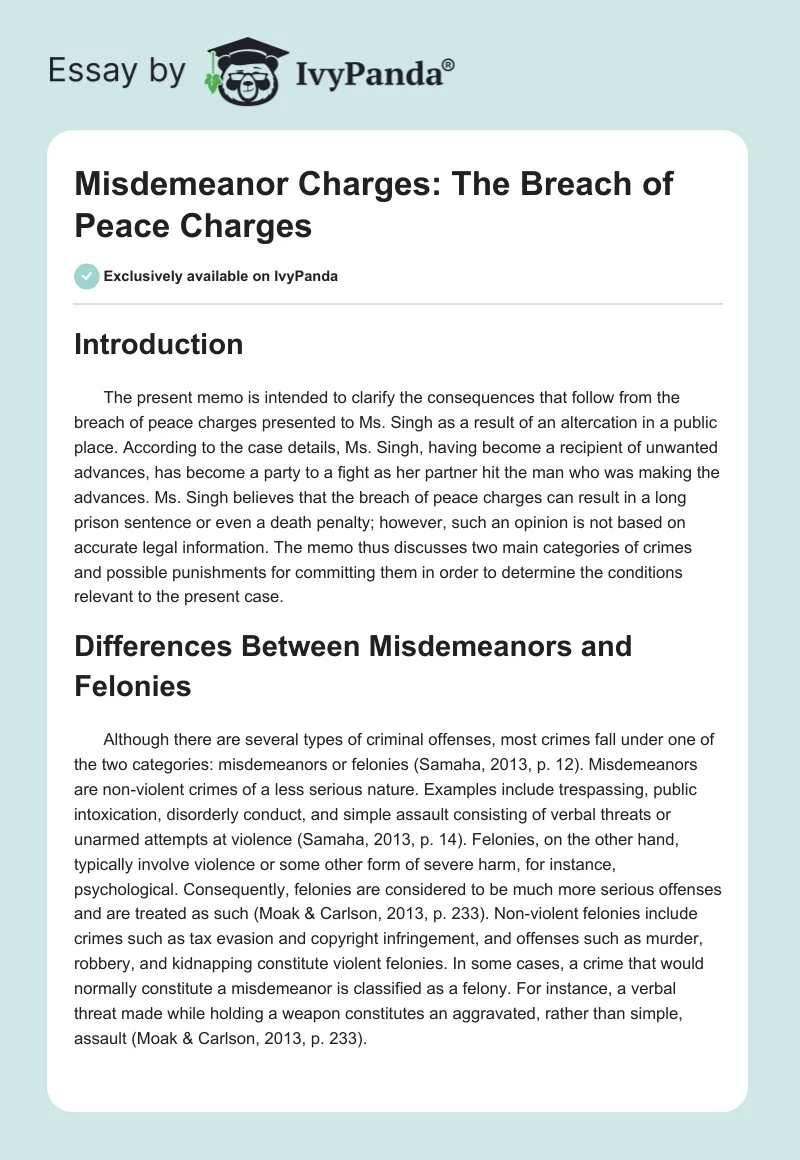 Misdemeanor Charges: The Breach of Peace Charges. Page 1