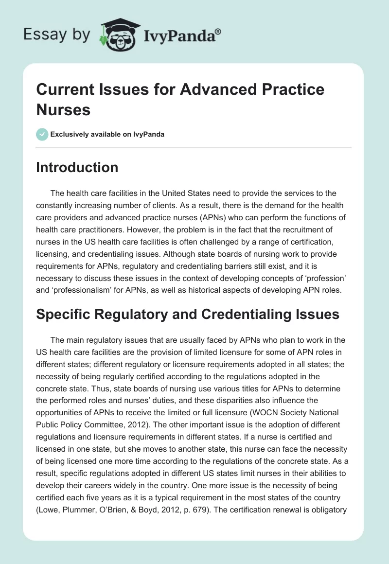 Current Issues for Advanced Practice Nurses. Page 1
