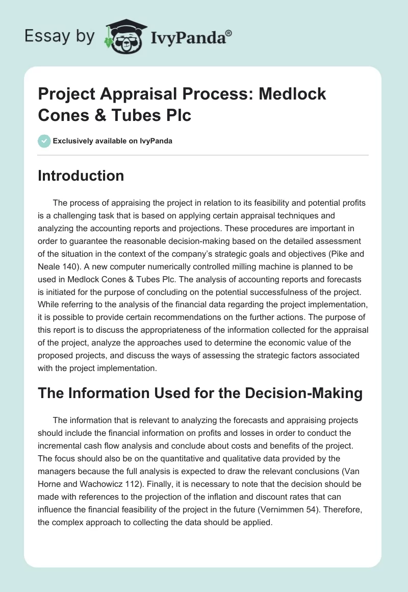 Project Appraisal Process: Medlock Cones & Tubes Plc. Page 1