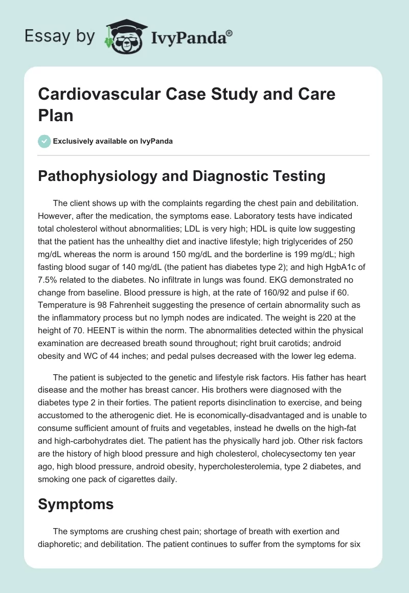 Cardiovascular Case Study and Care Plan. Page 1