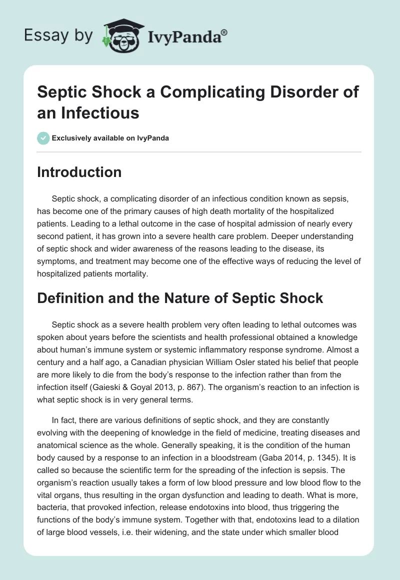 Septic Shock a Complicating Disorder of an Infectious. Page 1