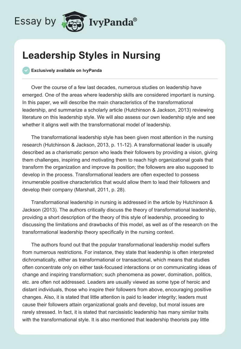 Leadership Styles in Nursing. Page 1