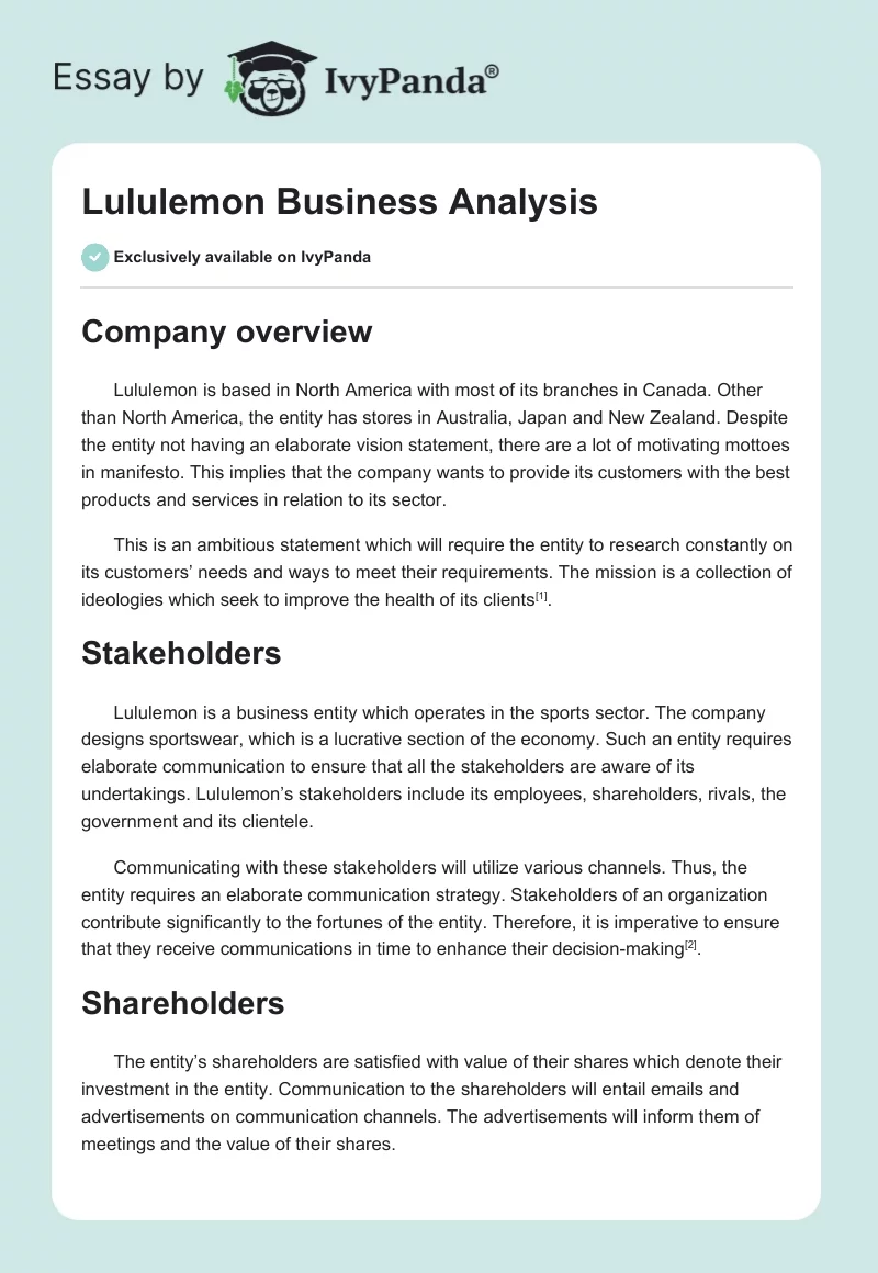 Lululemon Business Analysis. Page 1