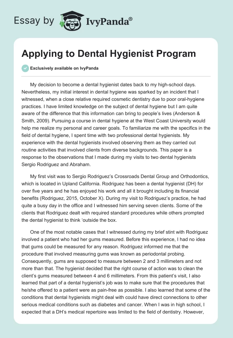 Applying to Dental Hygienist Program. Page 1